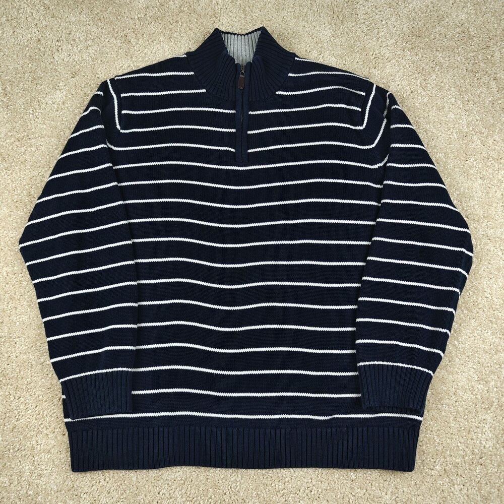 LL Bean Quarter Zip Knit Sweater Men's XL Blue Striped 100% Cotton